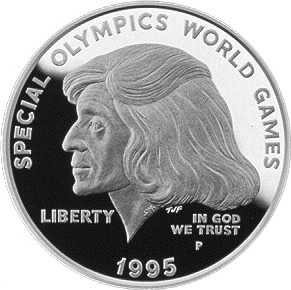 Close-up detail of 1995 Special Olympics World Games Silver Dollar design elements and engraving quality