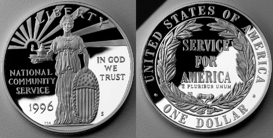 Collection of 1996-S National Community Service Silver Dollar coins in various grades and dates
