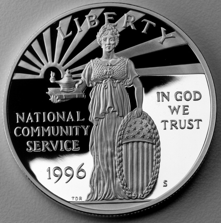 1996-S National Community Service Silver Dollar obverse and reverse showing full design details