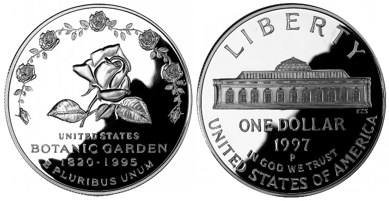 1997-P Botanic Garden Silver Dollar obverse and reverse showing full design details