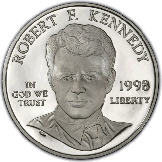 Close-up detail of 1998-S Robert F. Kennedy Commemorative Silver Dollar design elements and engraving quality