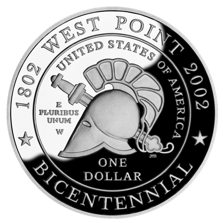 Close-up detail of 2002-W West Point Bicentennial Commemorative Silver Dollar design elements and engraving quality