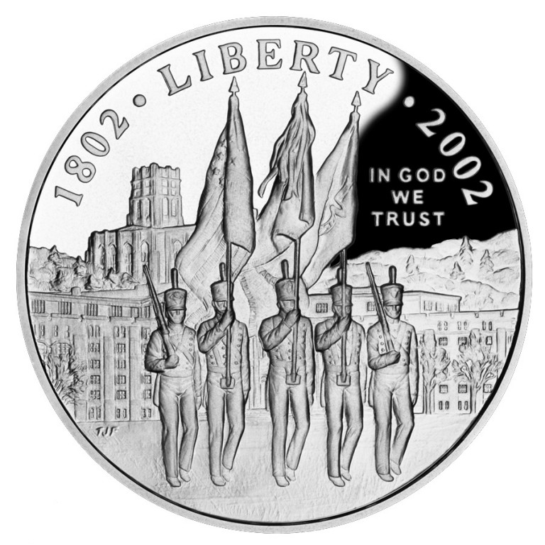 2002-W West Point Bicentennial Commemorative Silver Dollar obverse and reverse showing full design details