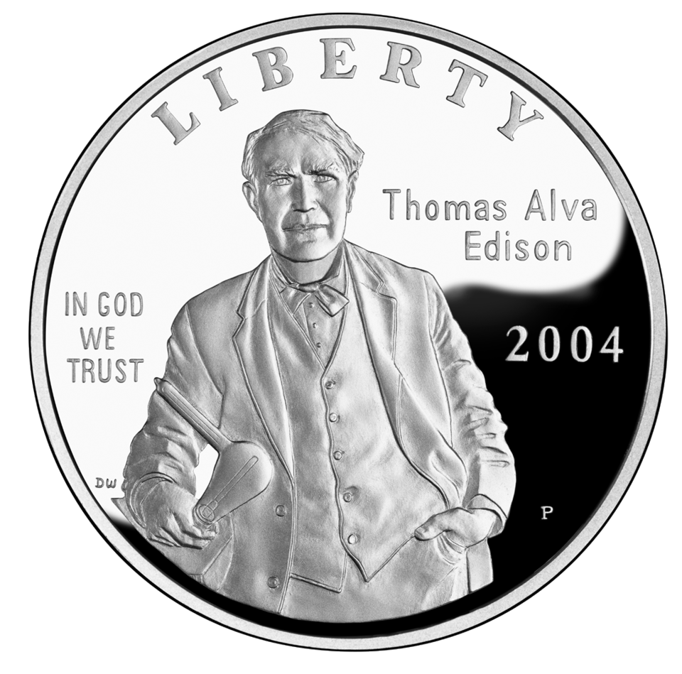 2004 Thomas Alva Edison Commemorative Silver Dollar obverse and reverse showing full design details