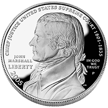 Close-up detail of 2005 Chief Justice John Marshall Silver Dollar design elements and engraving quality