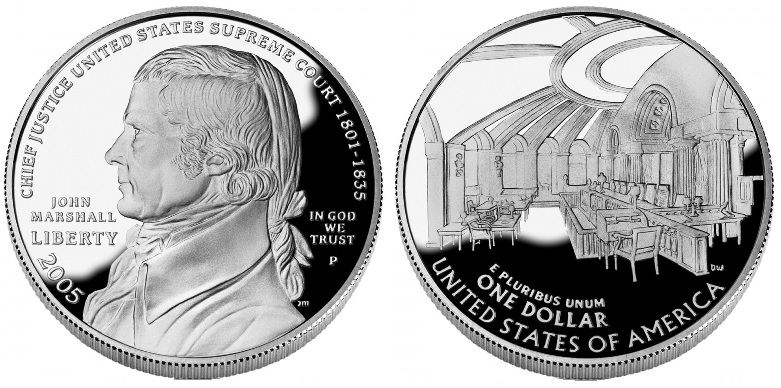 2005 Chief Justice John Marshall Silver Dollar obverse and reverse showing full design details