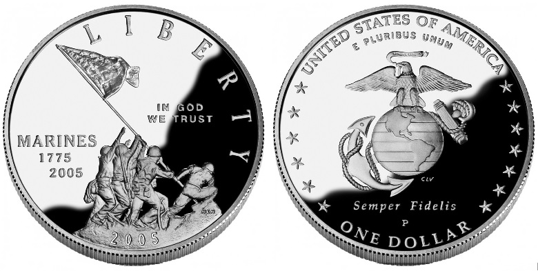 Collection of 2005 Marine Corps 230th Anniversary Silver Dollar coins in various grades and dates