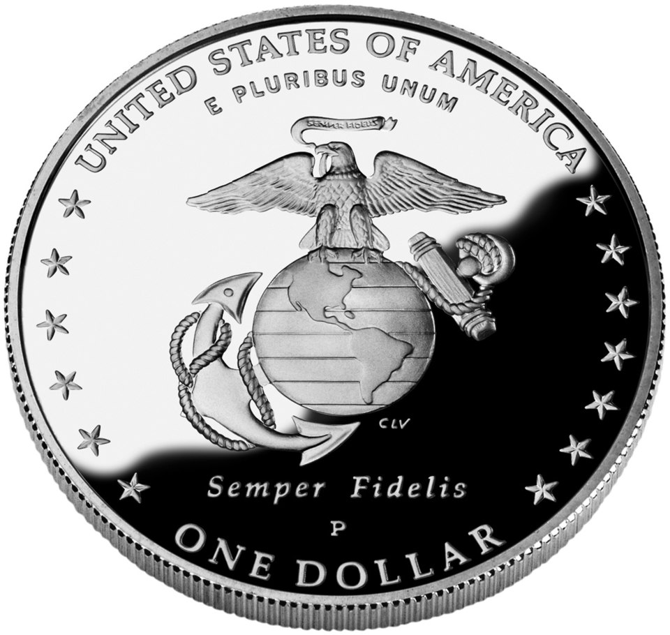 Close-up detail of 2005 Marine Corps 230th Anniversary Silver Dollar design elements and engraving quality