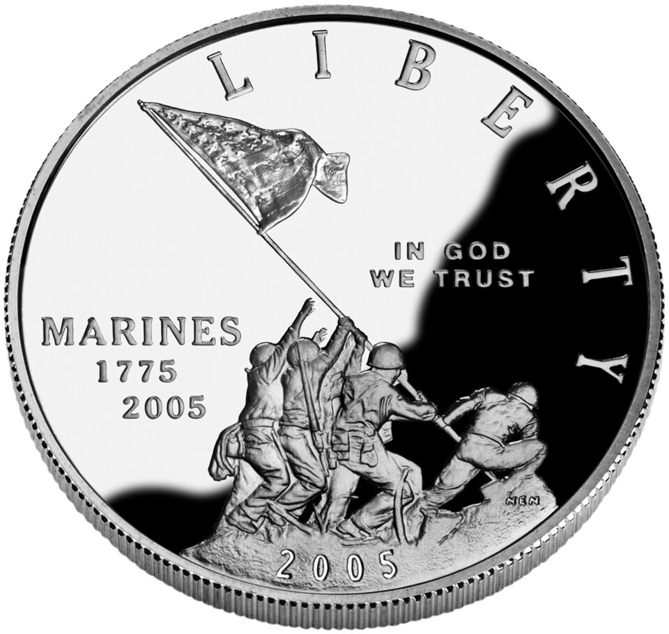 2005 Marine Corps 230th Anniversary Silver Dollar obverse and reverse showing full design details