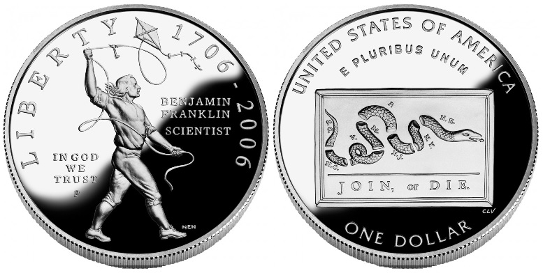 Close-up detail of 2006 Benjamin Franklin Tercentenary Silver Dollars design elements and engraving quality