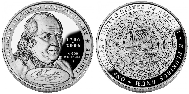 2006 Benjamin Franklin Tercentenary Silver Dollars obverse and reverse showing full design details