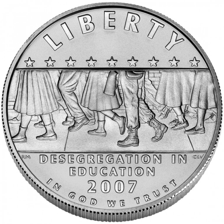 Close-up detail of 2007-P Little Rock Central High School Desegregation Commemorative Silver Dollar design elements and engraving quality