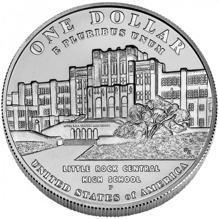 2007-P Little Rock Central High School Desegregation Commemorative Silver Dollar obverse and reverse showing full design details