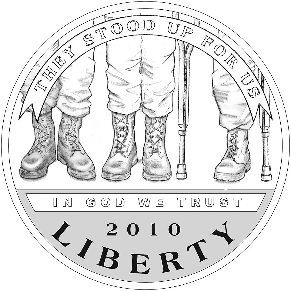 Close-up detail of 2010 American Veterans Disabled for Life Silver Dollar design elements and engraving quality