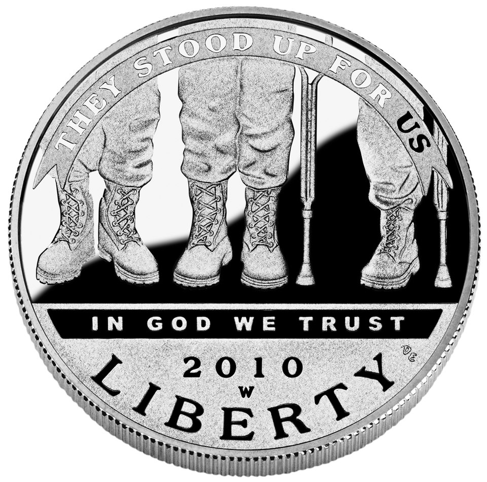 2010 American Veterans Disabled for Life Silver Dollar obverse and reverse showing full design details