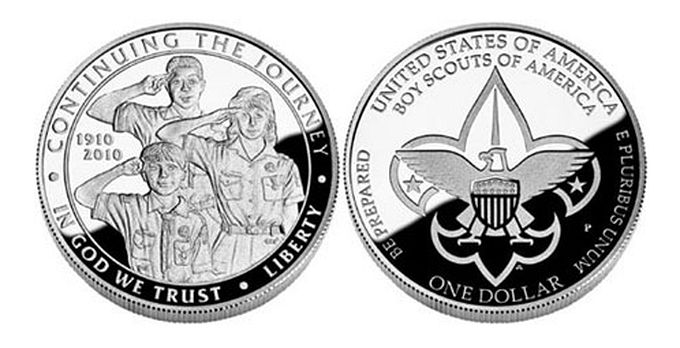 Close-up detail of 2010 Boy Scouts of America Centennial Silver Dollar design elements and engraving quality