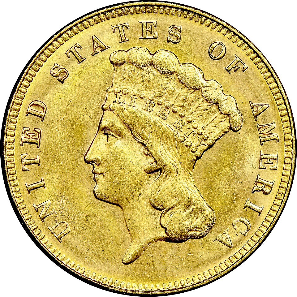 Close-up detail of $3.00 Gold Indian Princess – 1854 – 1889 design elements and engraving quality