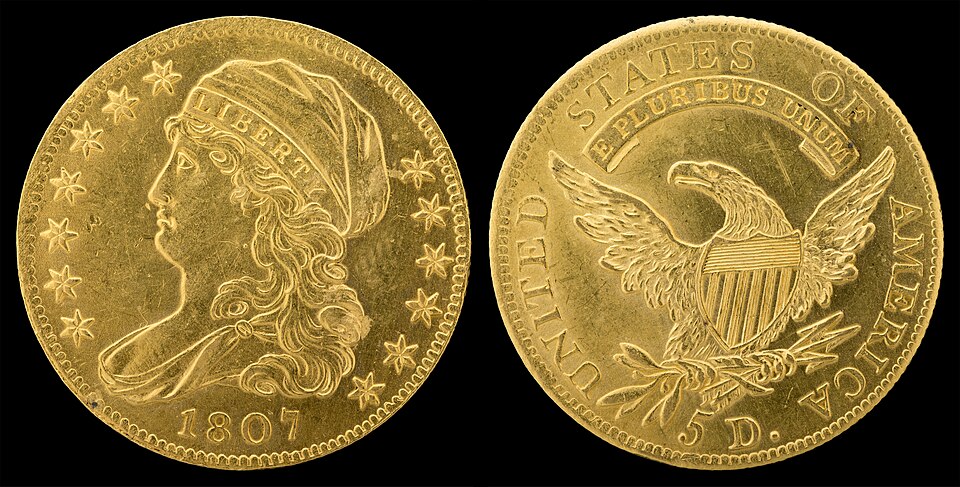 $5 Gold, Capped Bust – Heraldic Eagle 1795 – 1807 obverse and reverse showing full design details