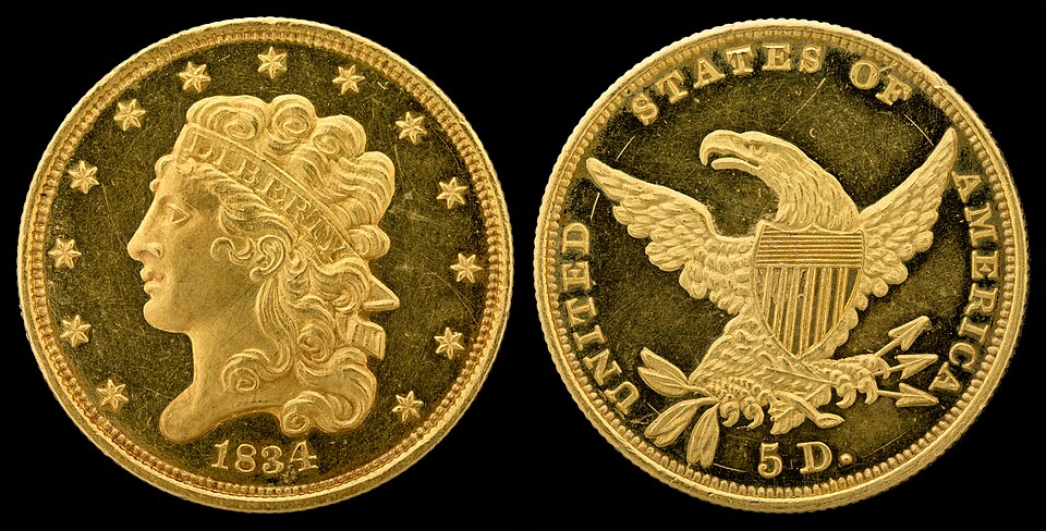 $5 Gold, Classic Head – No Motto 1834 – 1838 obverse and reverse showing full design details