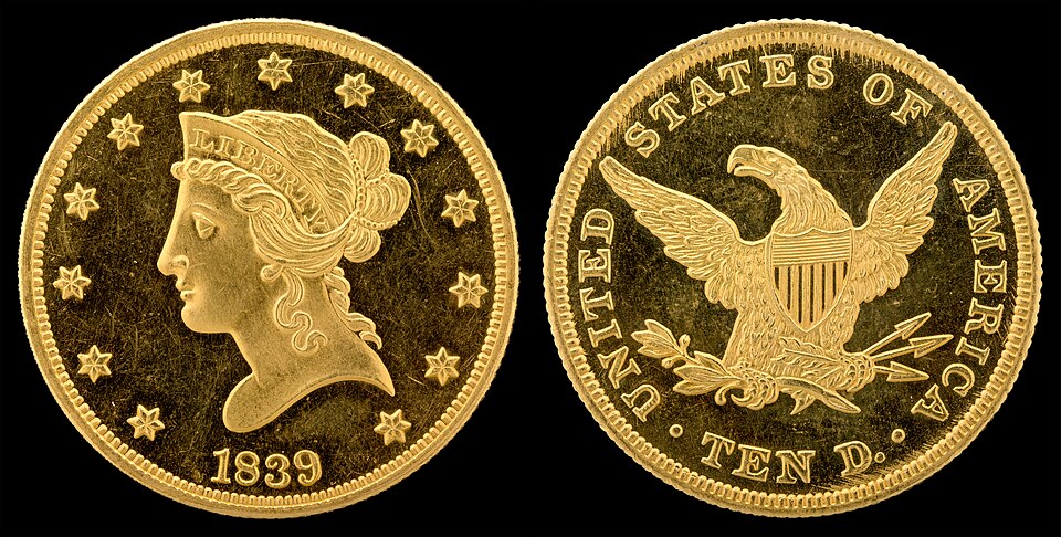 Close-up detail of $5 Gold, Liberty Head – 1839 – 1908 design elements and engraving quality