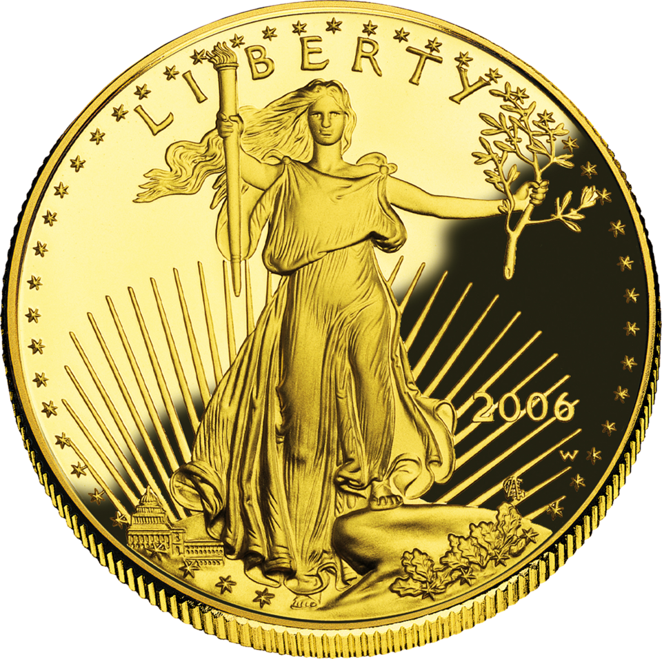 American Gold Eagle coins arranged for sale with protective capsules
