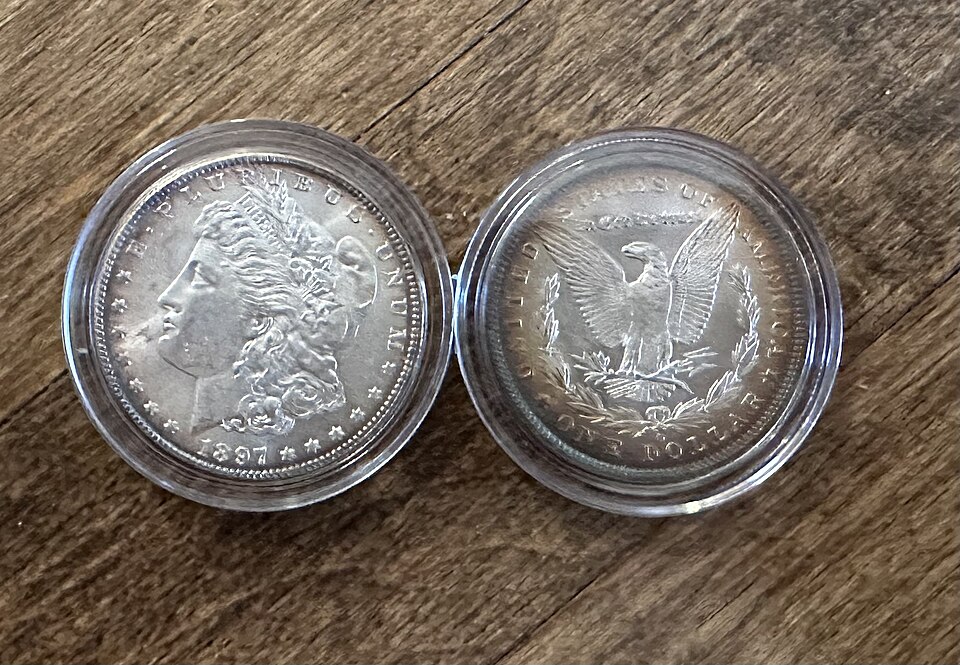 Morgan Silver Dollar collection displayed in a coin album showing multiple dates and mint marks